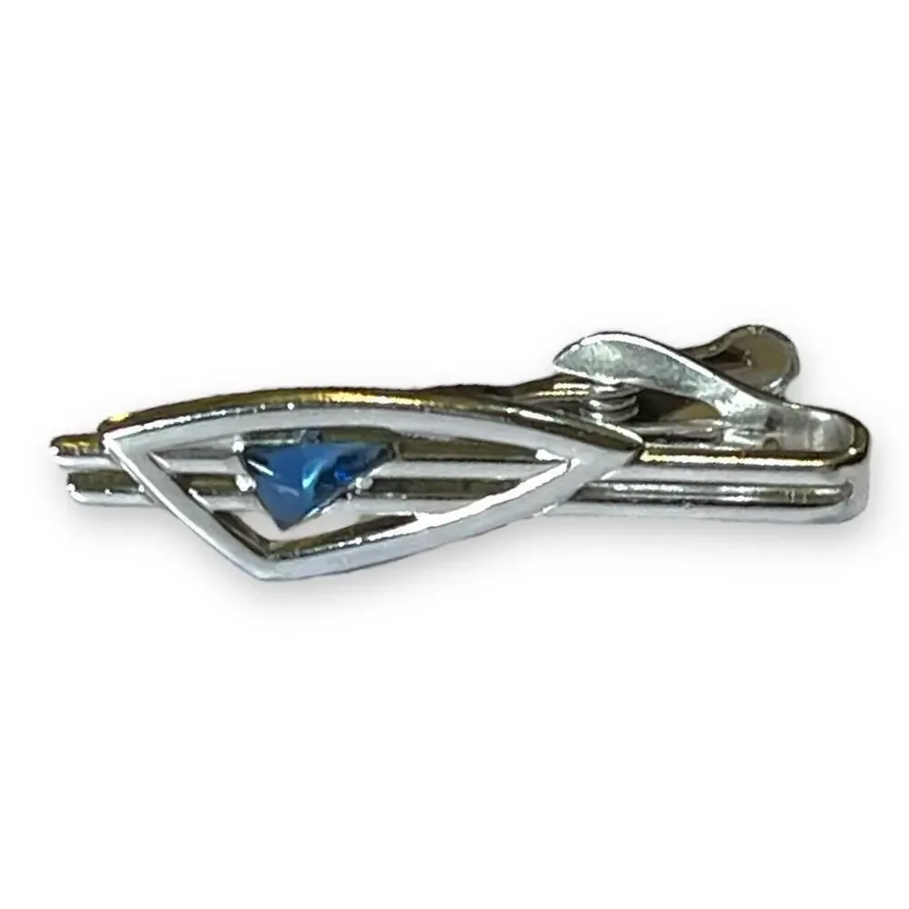 VTG Swank Cufflinks and Tie Bar Silver Tone Blue Glass Art Deco MCM Set Signed